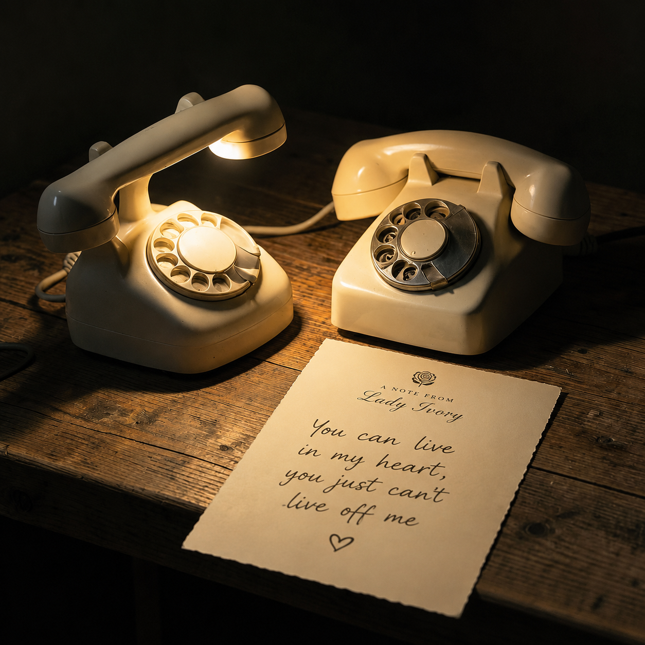 Two vintage telephones beside a handwritten note from Lady Ivory: You can live in my heart; you just can't live off me.